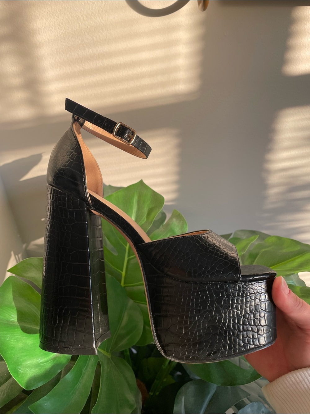 Croc-Embossed Black Platform Ankle-Strap Heels